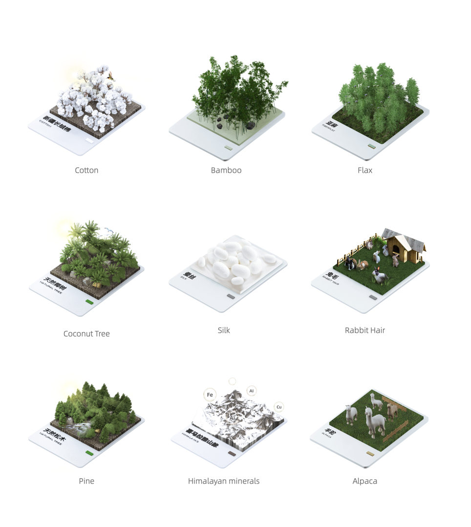 New Fabric Library — nine 3D fabric mockups (Cotton, Bamboo, Flax, Coconut Tree, Silk, Rabbit Hair, Pine, Himalayan minerals, Alpaca)
