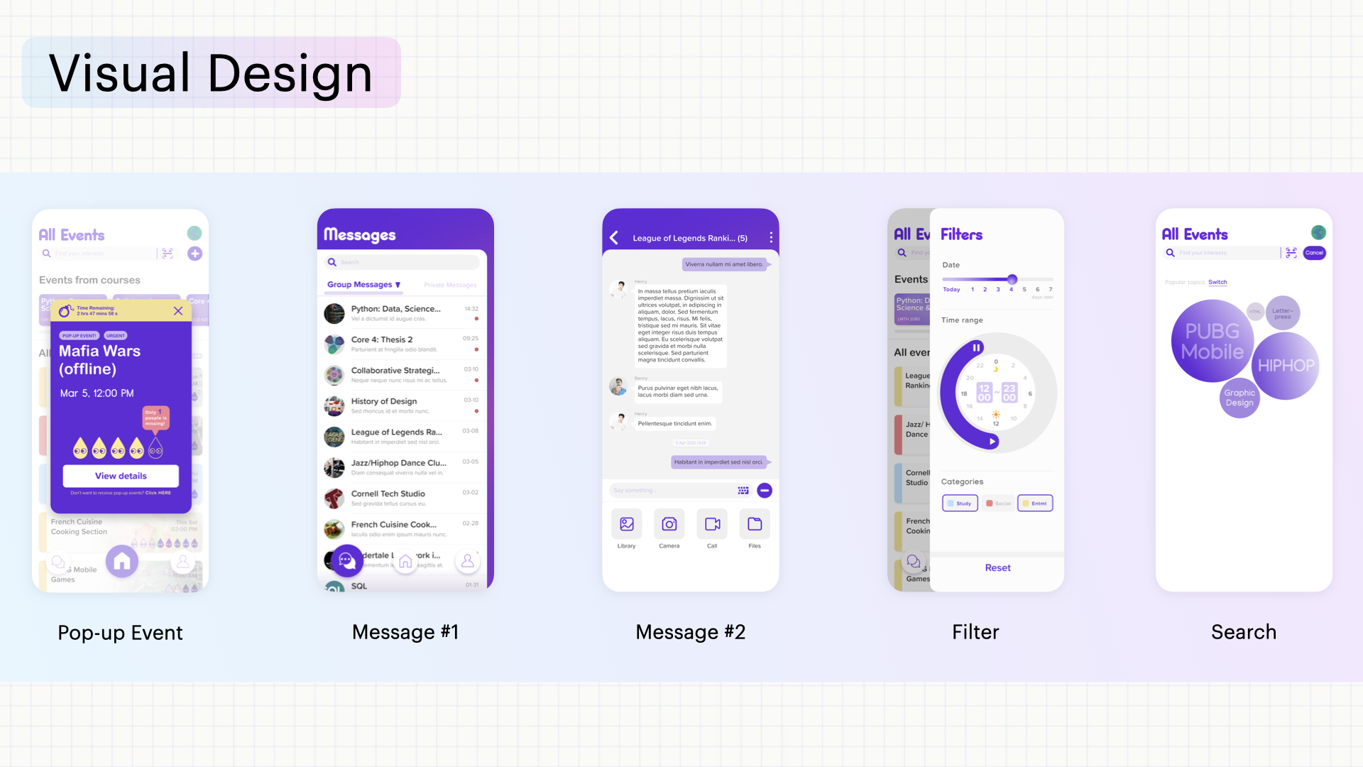 Visual Design — Pop-up Event, Messages, Filter, Search final screens