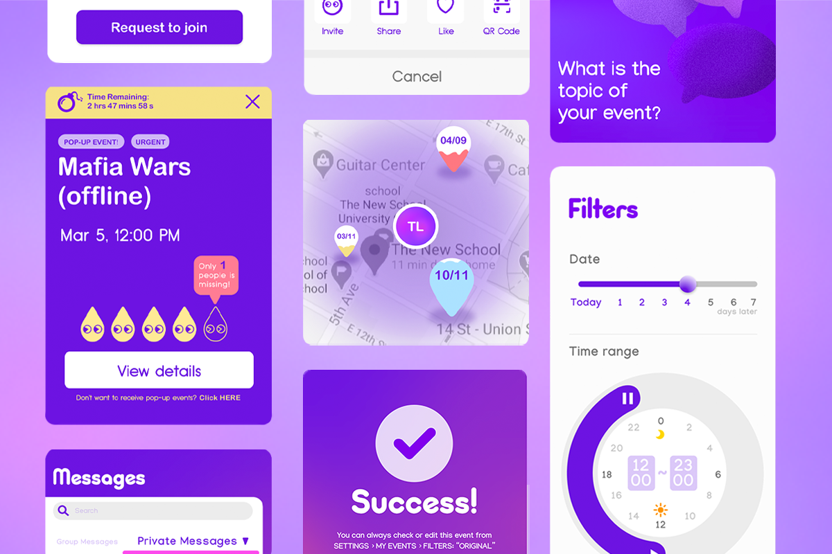GROOP — collage of pop-up event, map, filters, success, messages screens