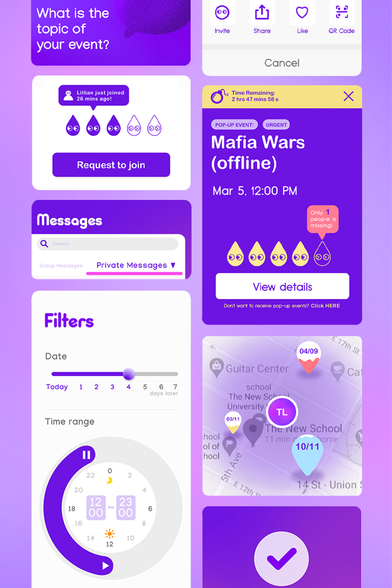 GROOP — pop-up event, mafia wars, filters, messages, map