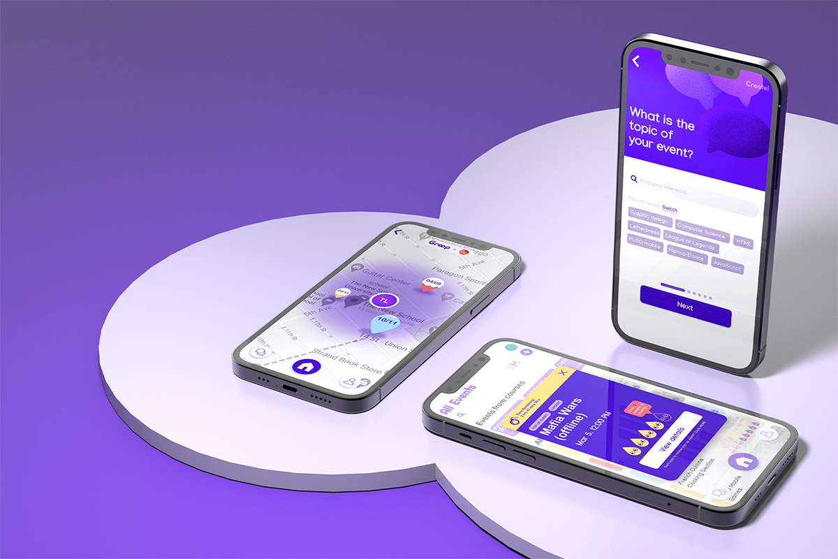 GROOP — three phone mockups in 3D scene