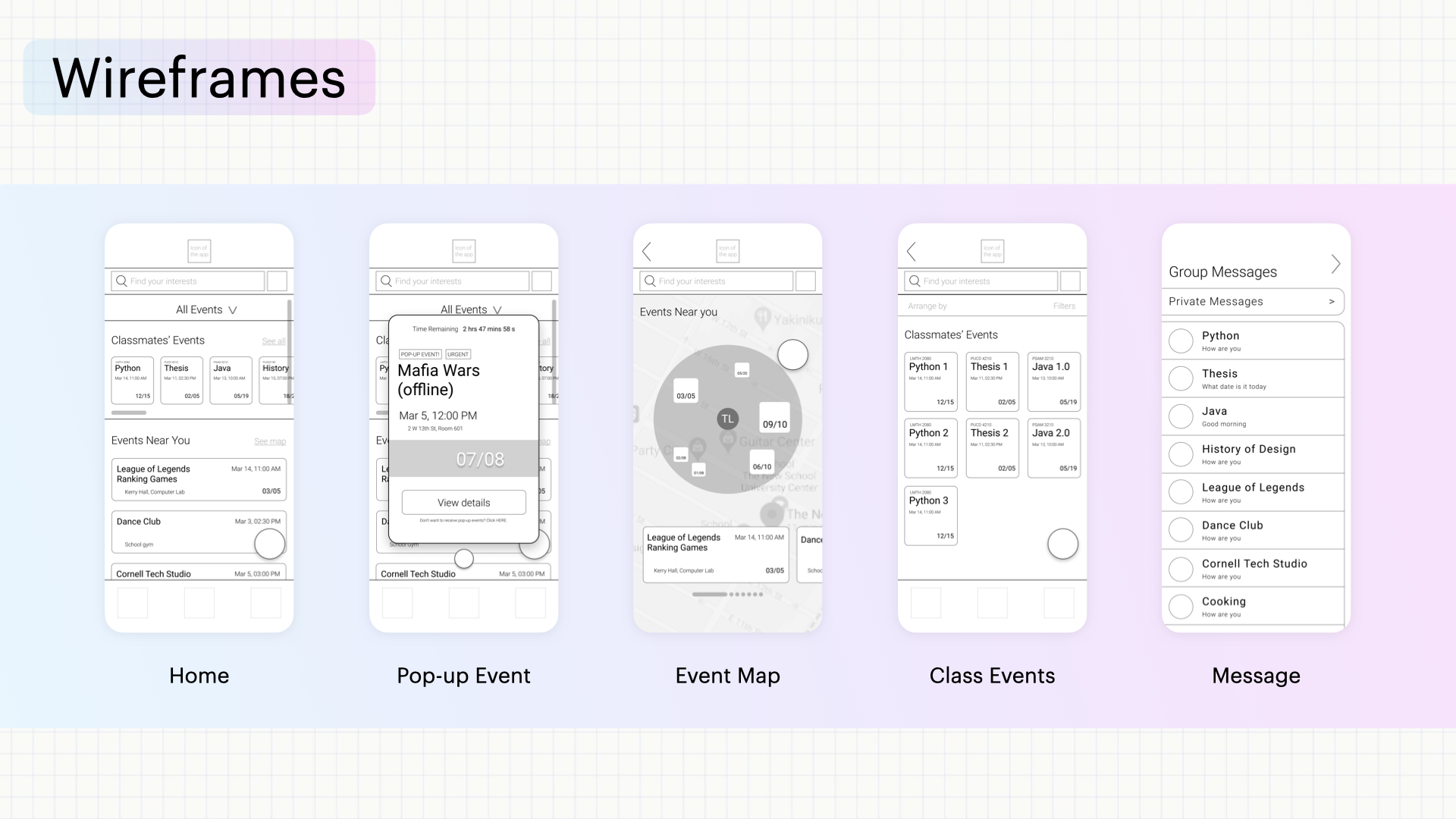 Wireframes set 1 — Home, Pop-up Event, Event Map, Class Events, Message