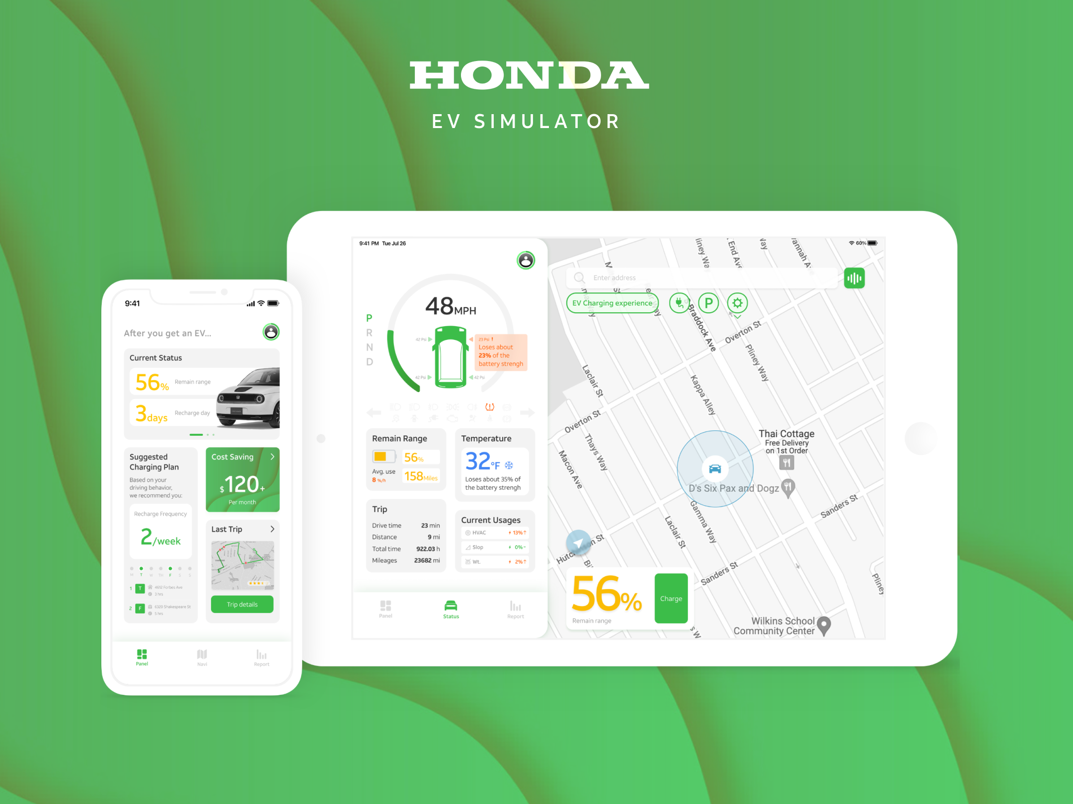 Honda EV Simulator — phone and tablet mockups on green wave background