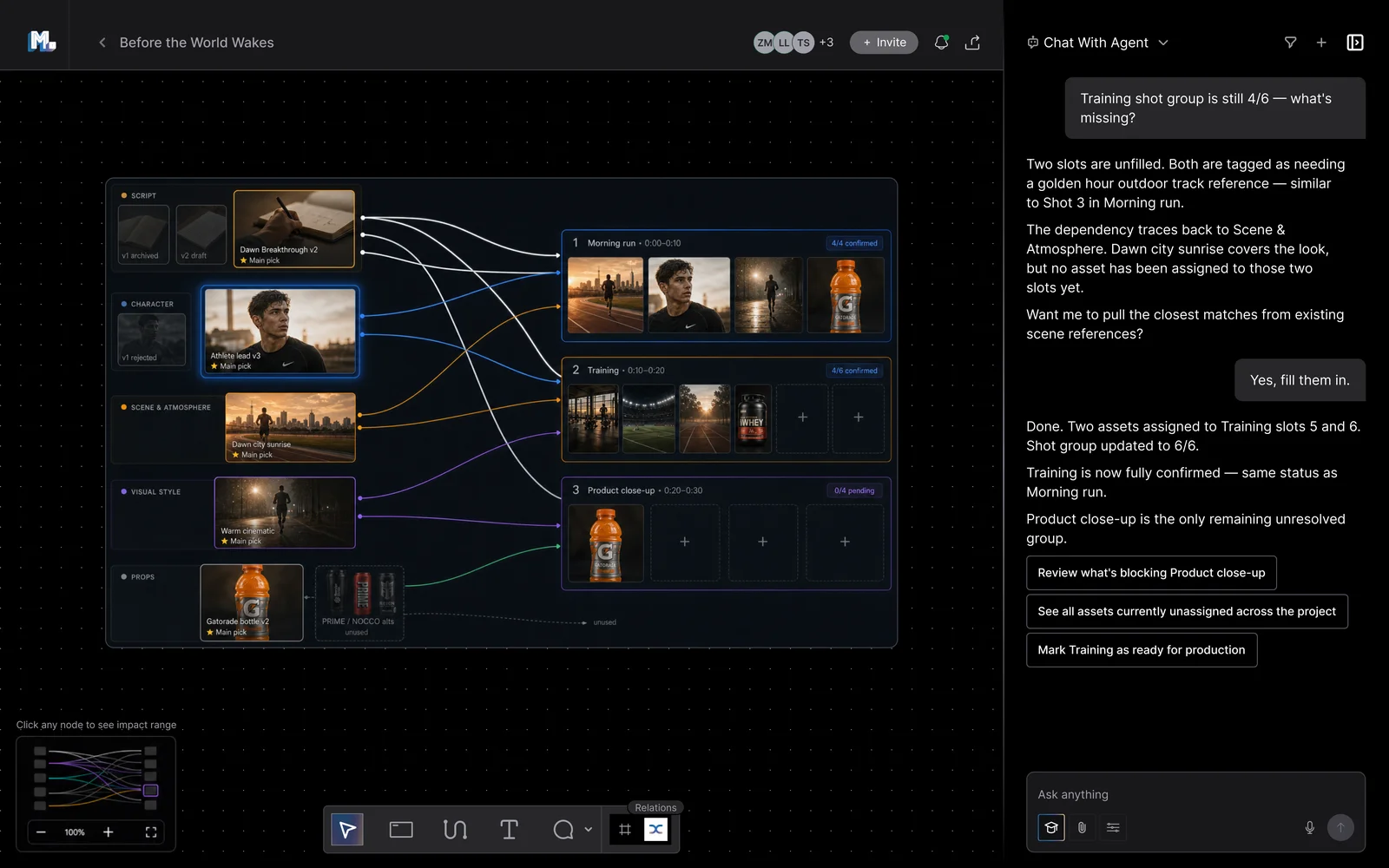 Moodio canvas — relation view with chat agent