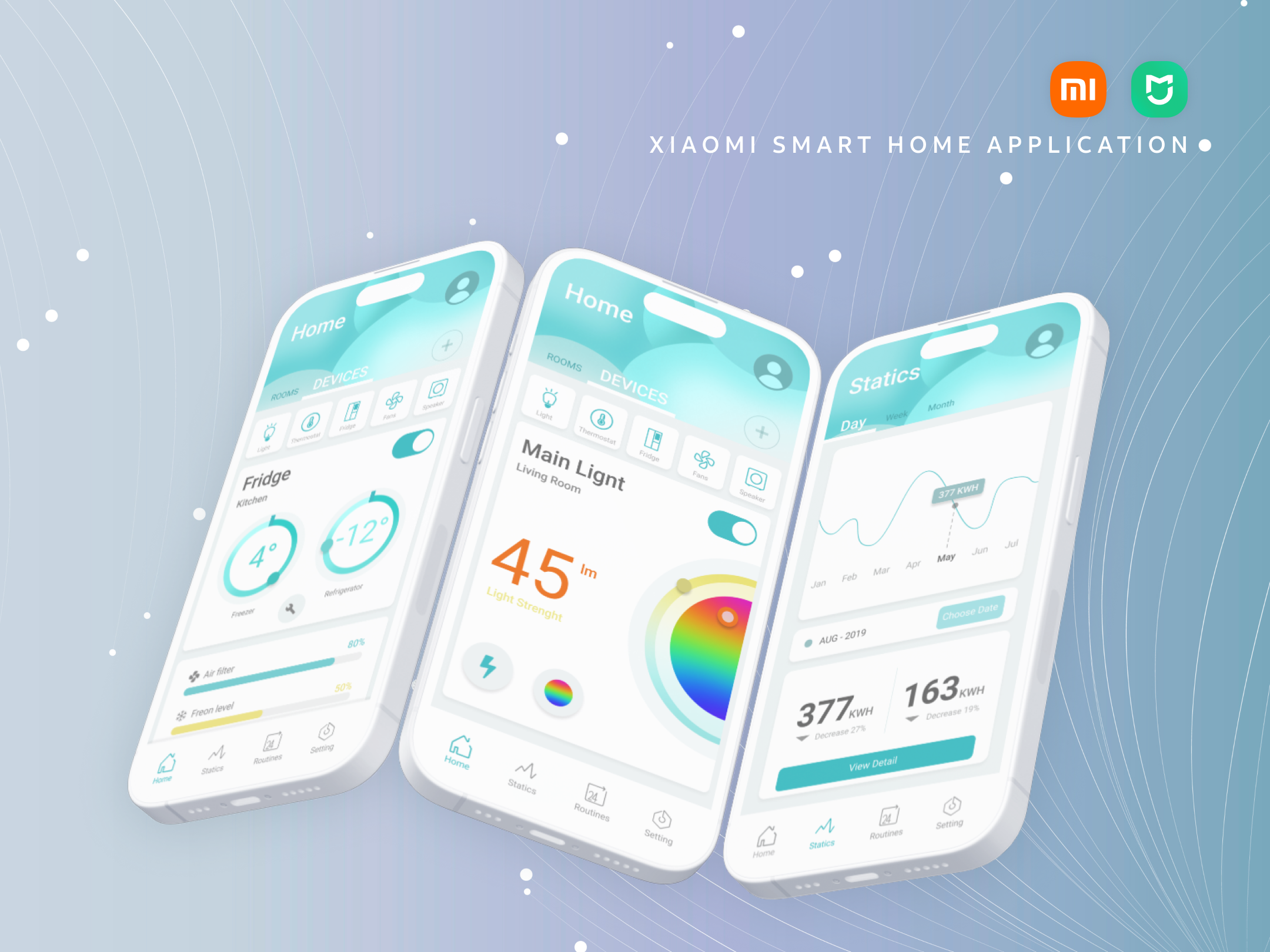 Xiaomi Smart Home — three iPhone mockups showing fridge, lighting, and stats screens on cyan-purple background