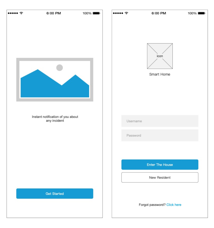 Wireframe — Beginning interface (buffer + login)