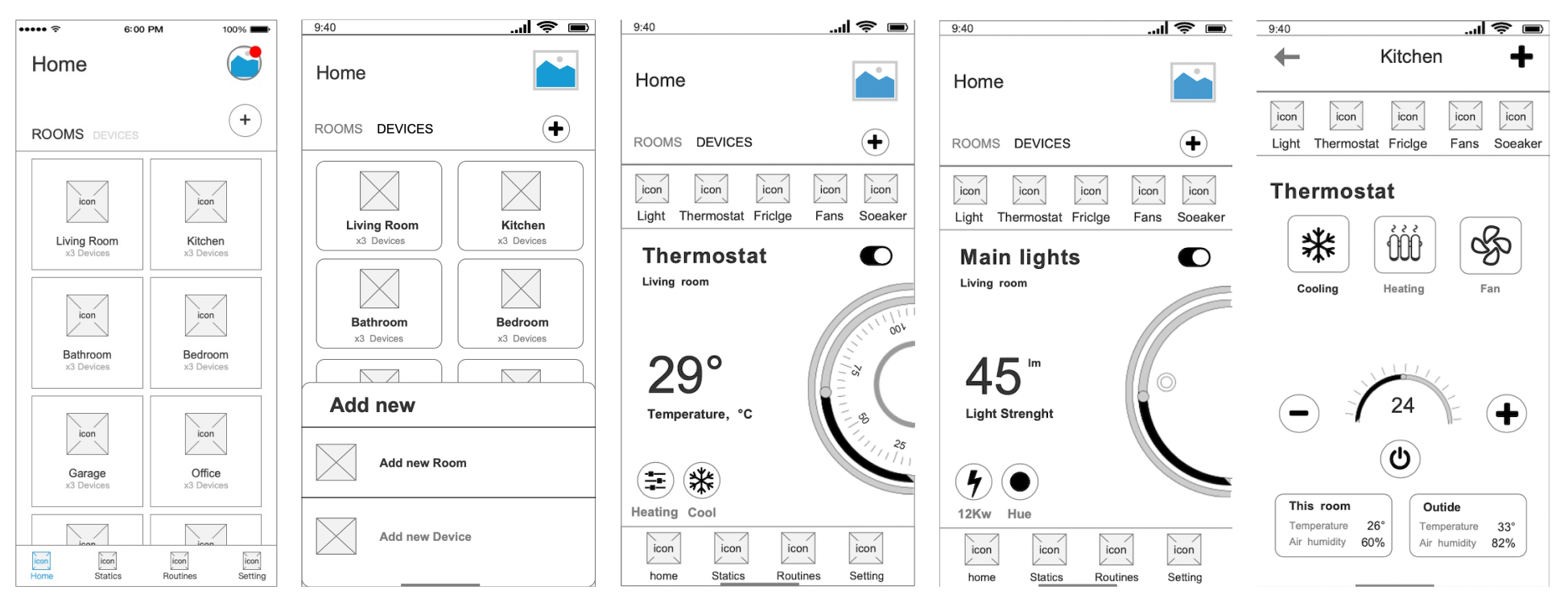 Wireframe — Home interface (5 screens)