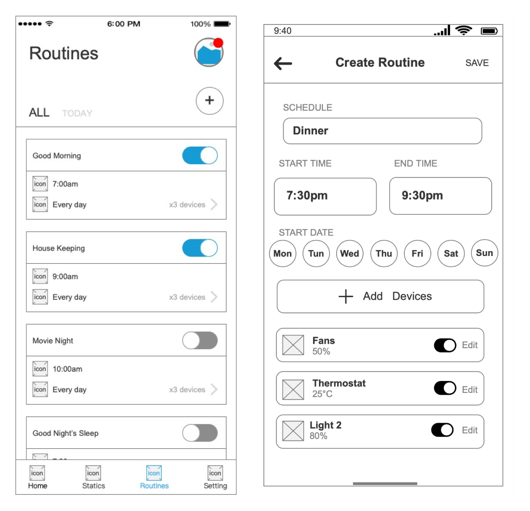 Wireframe — Routines interface